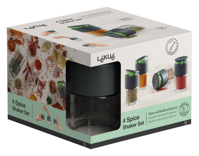 Das LÉKUÉ Gewürzstreuer Set, 4-teilig, bietet praktische und stilvolle Aufbewahrung für Ihre Gewürze. Perfekt für die Küche.