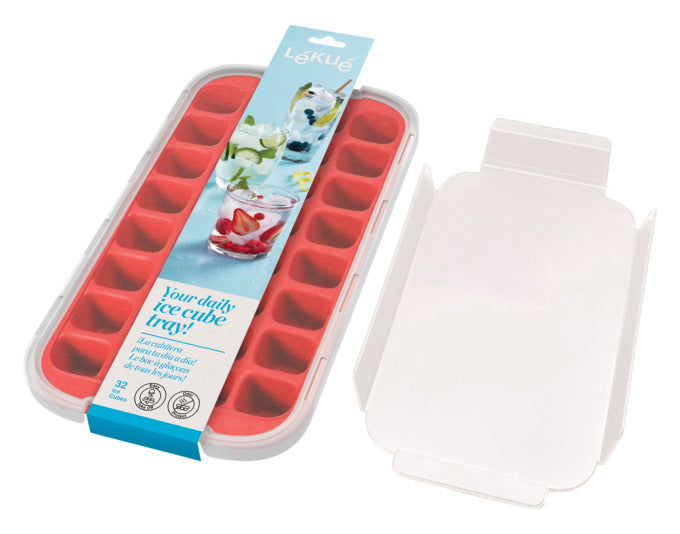 Praktische rote LÉKUÉ Eiswürfelform mit Deckel, 34x19 cm, ideal für Eiswürfel, langlebig und einfach zu verwenden.