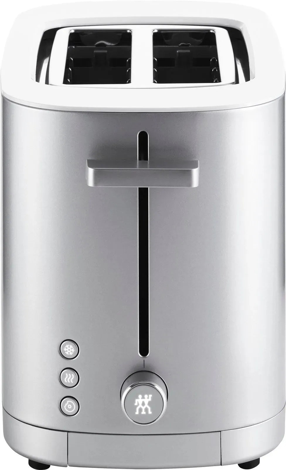 Zwilling Enfinigy Toaster 2: Silbernes Design mit Brötchenaufsatz.