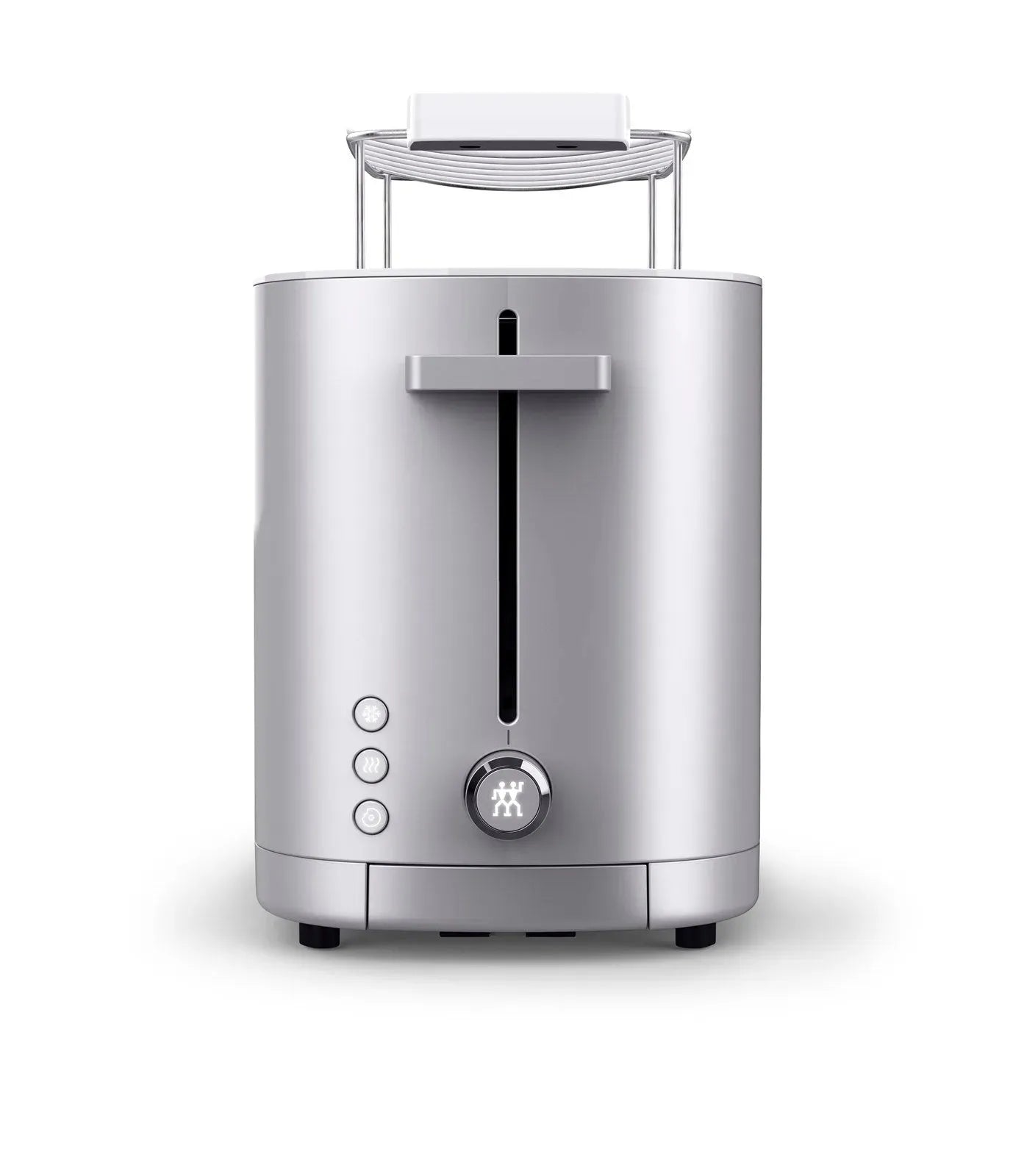 Stilvoller Zwilling Enfinigy Toaster 2 mit silbernem Brötchenaufsatz.
