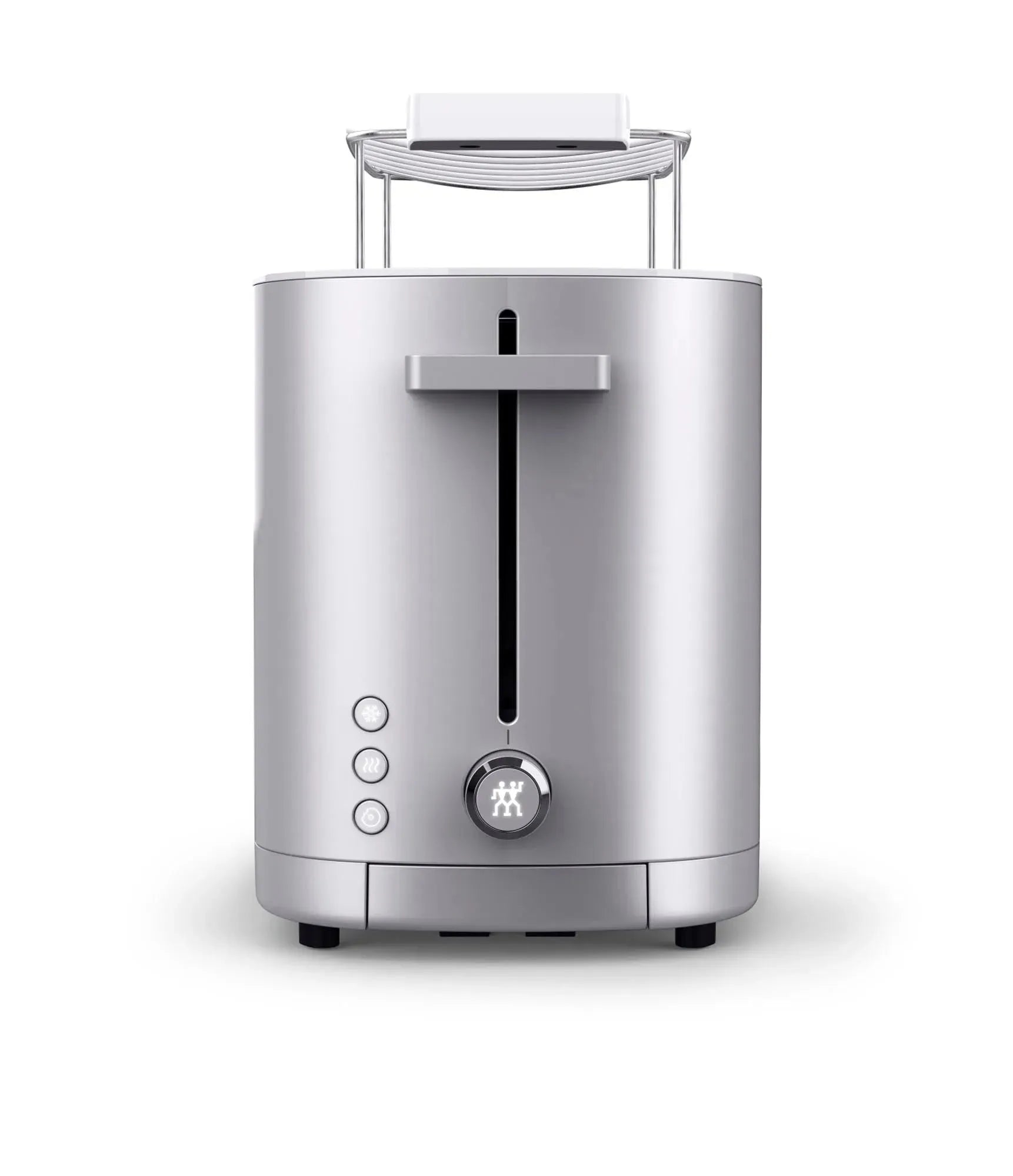 Eleganter Zwilling Toaster 2 in Silber mit praktischem Brötchenaufsatz.
