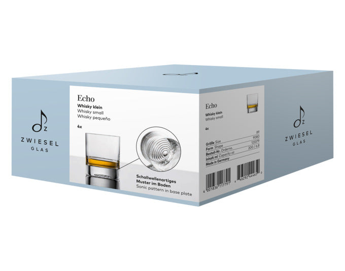 Elegante Whiskygläser von ZWIESEL GLAS, Set aus 4, Serie Echo 89, ideal für stilvollen Genuss und hochwertige Präsentation.