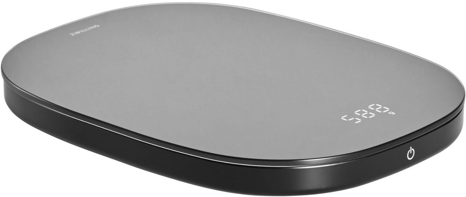 Elegante digitale Küchenwaage von Zwilling Kitchen, bis 10 kg belastbar, vereint Funktionalität und Stil für präzises Wiegen in der Küche.