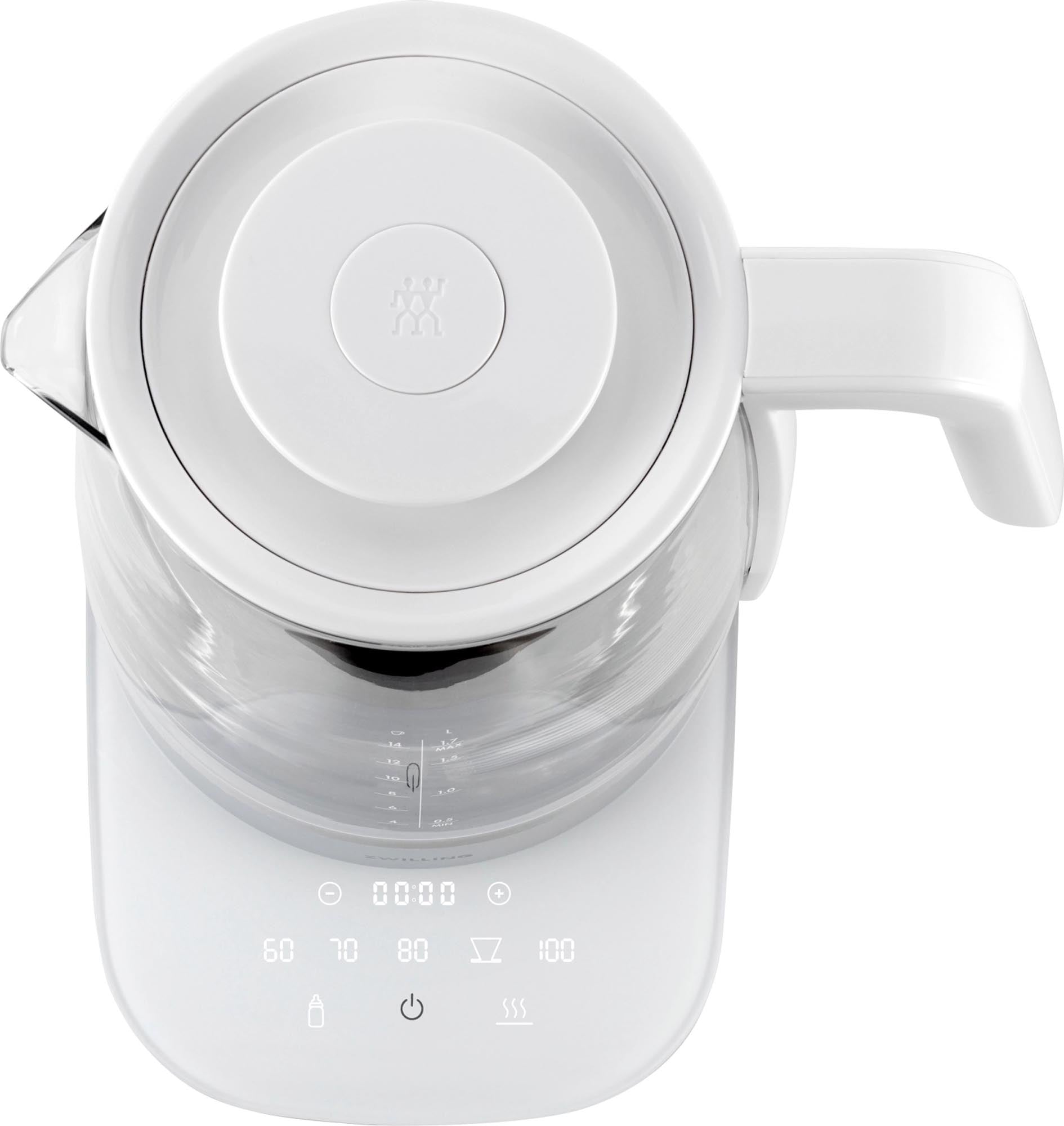 Eleganter 1,7 l Wasserkocher aus hitzebeständigem Glas von Zwilling. Schnelles Erhitzen mit 2200 W, ergonomisch und sicher – perfekt für Teeliebhaber.