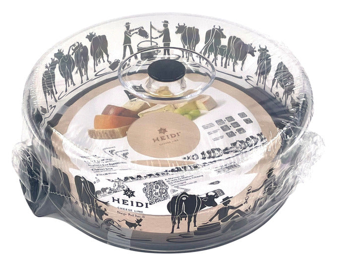 Elegante Käsebox mit Kuhmotiv, ø 26x10 cm, Buchenholzteller, schwarz-transparent, ideal für stilvolle Käsepräsentation.