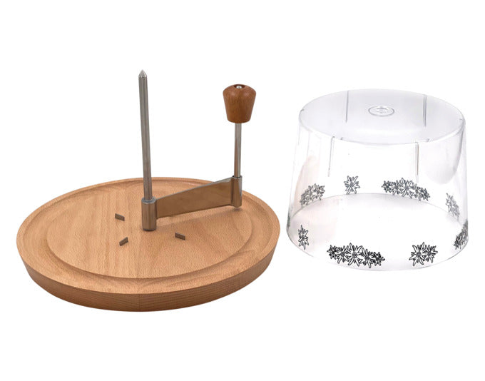 Elegantes Käserondell mit Edelweiss-Motiv, Glocke und Buchenholzteller, ideal für stilvolles Servieren von Käse.