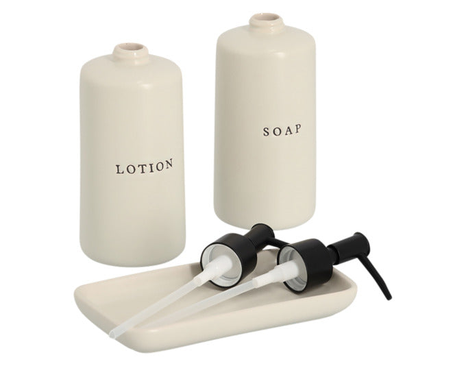 Elegantes 3-teiliges Seifenspender-Set aus cremefarbener Keramik, ideal für stilvolle Badezimmer, Maße: 18x9.5x21.5 cm.