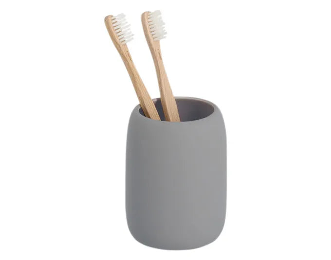 Moderner Zahnputzbecher aus grauer Keramik, stilvoll und praktisch, Maße: Ø 8.4 x 10.8 cm, ideal für Ihr Badezimmer.