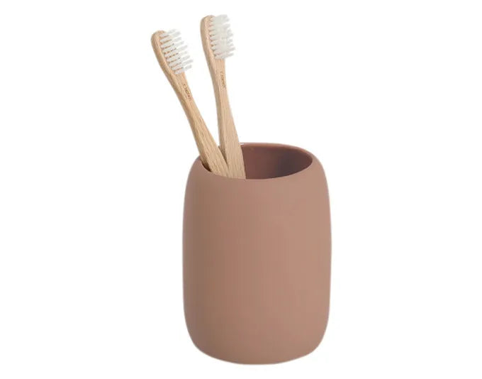 Eleganter Zahnputzbecher aus Keramik in Mocca-Farbe, 8.4 cm Durchmesser, 10.8 cm hoch, ideal für stilvolle Badezimmer.