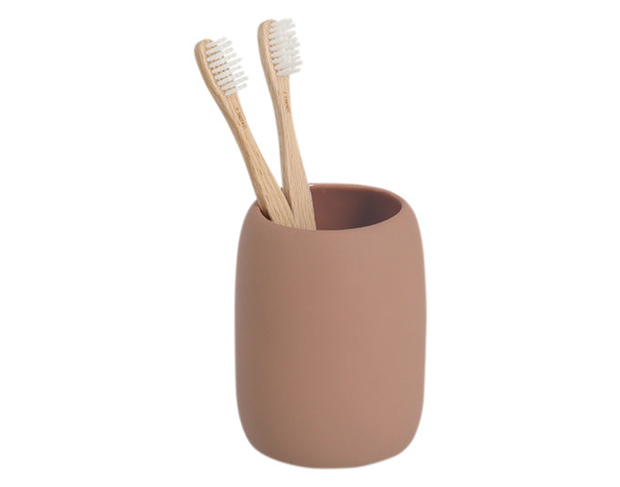 Eleganter Zahnputzbecher aus Keramik in Mocca-Farbe, 8.4 cm Durchmesser, 10.8 cm hoch, ideal für stilvolle Badezimmer.