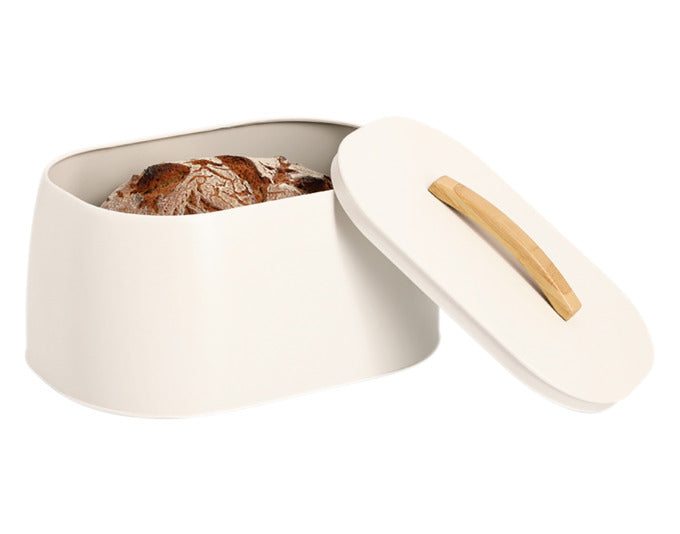 Eleganter Brotkasten aus Metall mit Gummibaum-Deckel, cremefarben, 33.5x23.5x18.3 cm, ideal zur stilvollen Brotaufbewahrung.