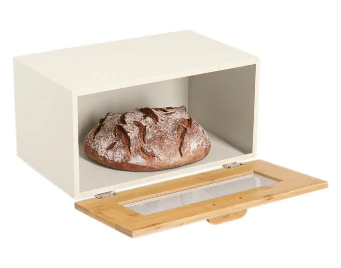 Moderner Brotkasten aus Metall mit Bambusklappe, beige, 36x23x19.5 cm, ideal zur Aufbewahrung von Brot und Gebäck, von ZELLER PRESENT.
