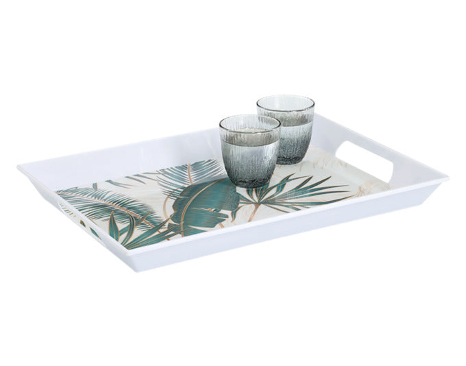 Das ZELLER Tablett aus Melamin mit Palmblättermuster (50x35x5 cm) ist stilvoll, robust und ideal für Servieren und Dekoration.