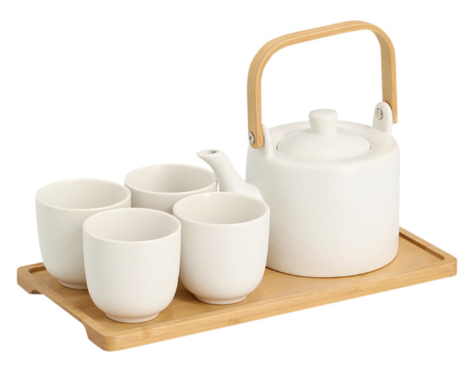 ZELLER Teeset 6-teilig Steingut Bambus weiss ø 12x11.5 cm/4x ø 7x7 cm in  präsentiert im Onlineshop von KAQTU Design AG. Kanne ist von ZELLER PRESENT