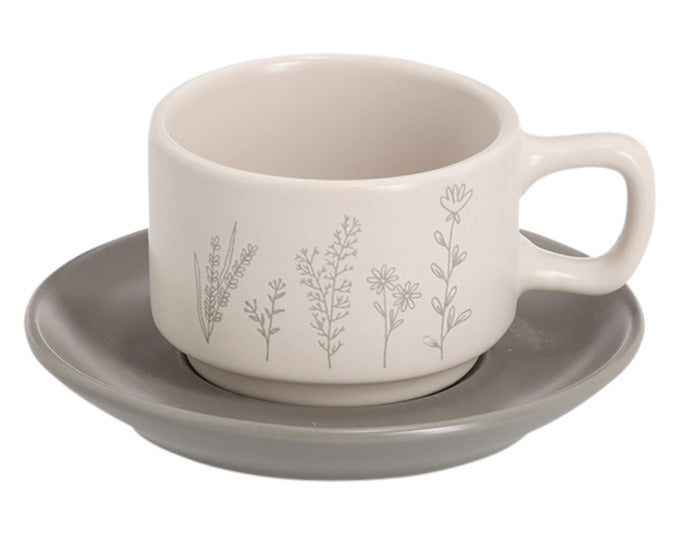 Elegantes 8-teiliges Espressotassen-Set von ZELLER mit floralem Design in Weiß, Grau und Gelb. Perfekt für stilvollen Kaffeegenuss.