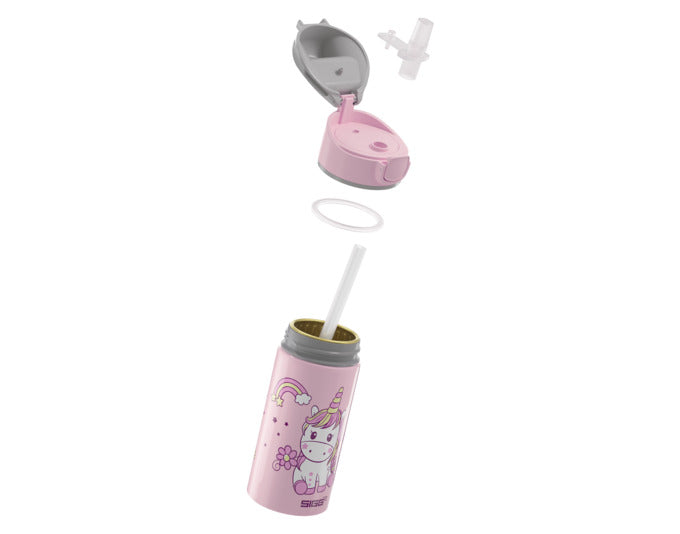 Die SIGG Kids Bottle Miracle WMB Happy Unicorn 0.4 l ist eine farbenfrohe, auslaufsichere Trinkflasche mit Einhornmotiv für Kinder.