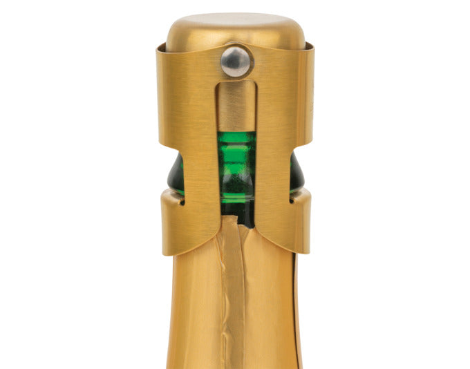 Eleganter Champagnerverschluss aus goldfarbenem Edelstahl, hält Ihren Champagner frisch und stilvoll verschlossen.