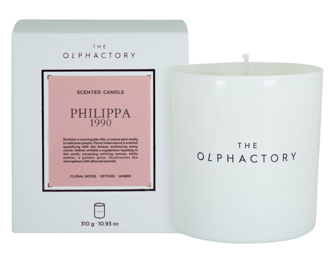 Elegante Duftkerze von THE OLPHACTORY, Philippa 1990, 310g, 60h Brenndauer, stilvolles Design, luxuriöser Duft für Ihr Zuhause.