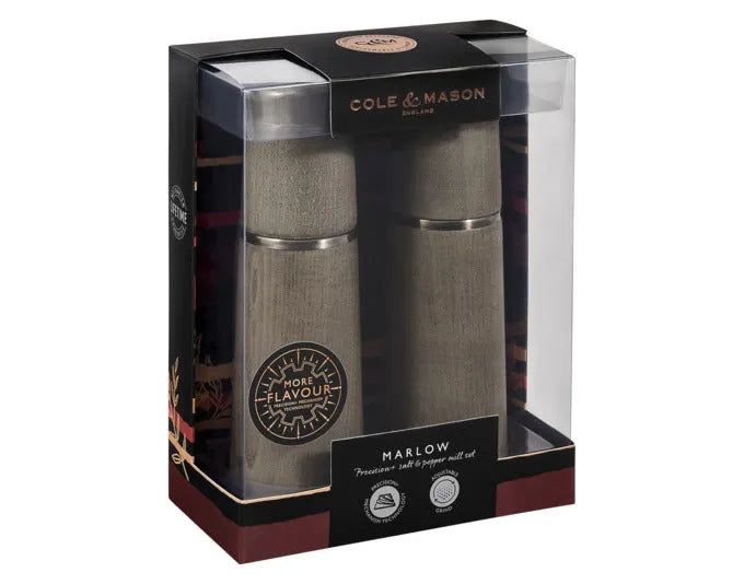 Elegantes COLE & MASON Marlow Mühlenset aus grauer Buche, 18,5 cm hoch, ideal für Salz und Pfeffer, stilvoll und funktional.