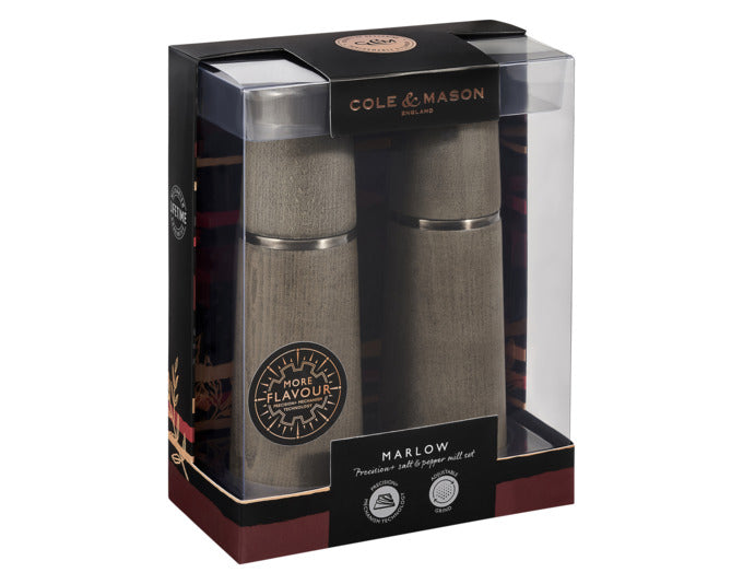 Elegantes COLE & MASON Marlow Mühlenset aus grauer Buche, 18,5 cm hoch, ideal für Salz und Pfeffer, stilvoll und funktional.