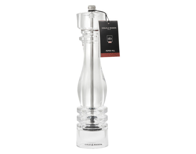 Elegante COLE&MASON Pfeffermühle aus Acryl, 30 cm hoch, modernes Design, präzises Mahlen, ideal für Küche und Tisch.