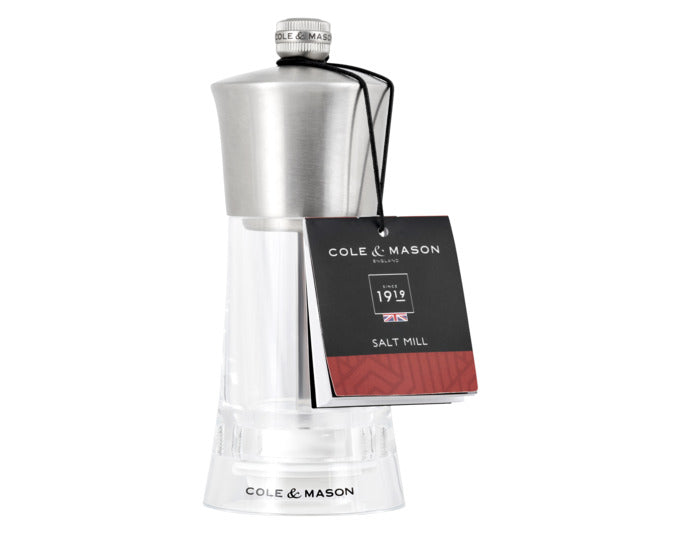 Entdecken Sie die COLE&MASON Salzmühle Bromley Acryl SS – ein elegantes Küchenaccessoire mit anpassbarem Mahlgrad für perfekte Ergebnisse.