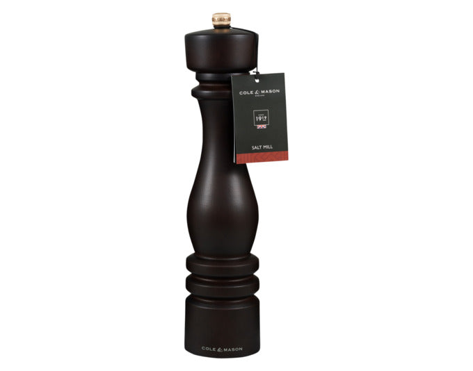 Elegante Salzmühle aus dunklem Buchenholz, 30 cm hoch, von COLE & MASON. Perfekt für stilvolles Würzen in der Küche.