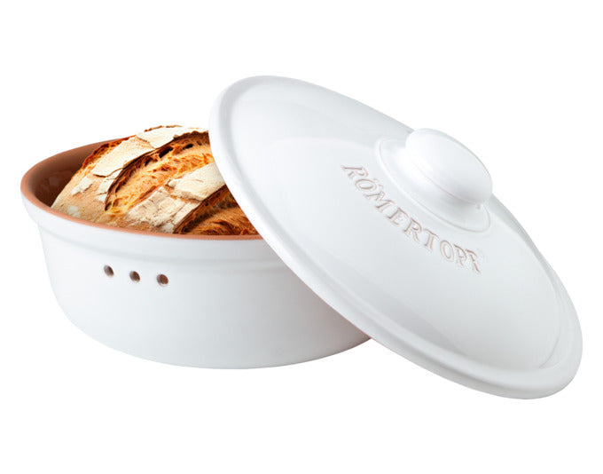 Runder RÖMERTOPF Brottopf, 4.5 l, weiß, 30x18 cm. Ideal für frisches Brot, atmungsaktiv, hält Brot länger frisch.