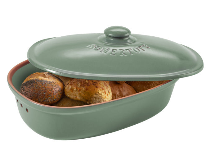 Ovaler Brottopf aus Keramik, 6.5 l, grün, 40x28x20 cm, ideal für frisches Brot, von RÖMERTOPF, hält Brot länger frisch.