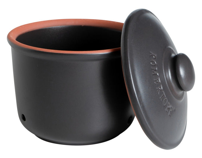 Kompakter RÖMERTOPF Frischetopf Mini, 0.6 l, ideal für kleine Portionen, aus hochwertiger Keramik, schwarz, ø 12.5x13 cm.