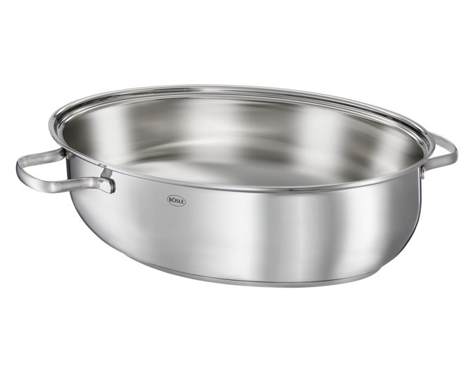 Ovaler RÖSLE Bräter Elegance mit Glasdeckel, ideal für Braten und Aufläufe, hochwertig, langlebig, für alle Herdarten geeignet.