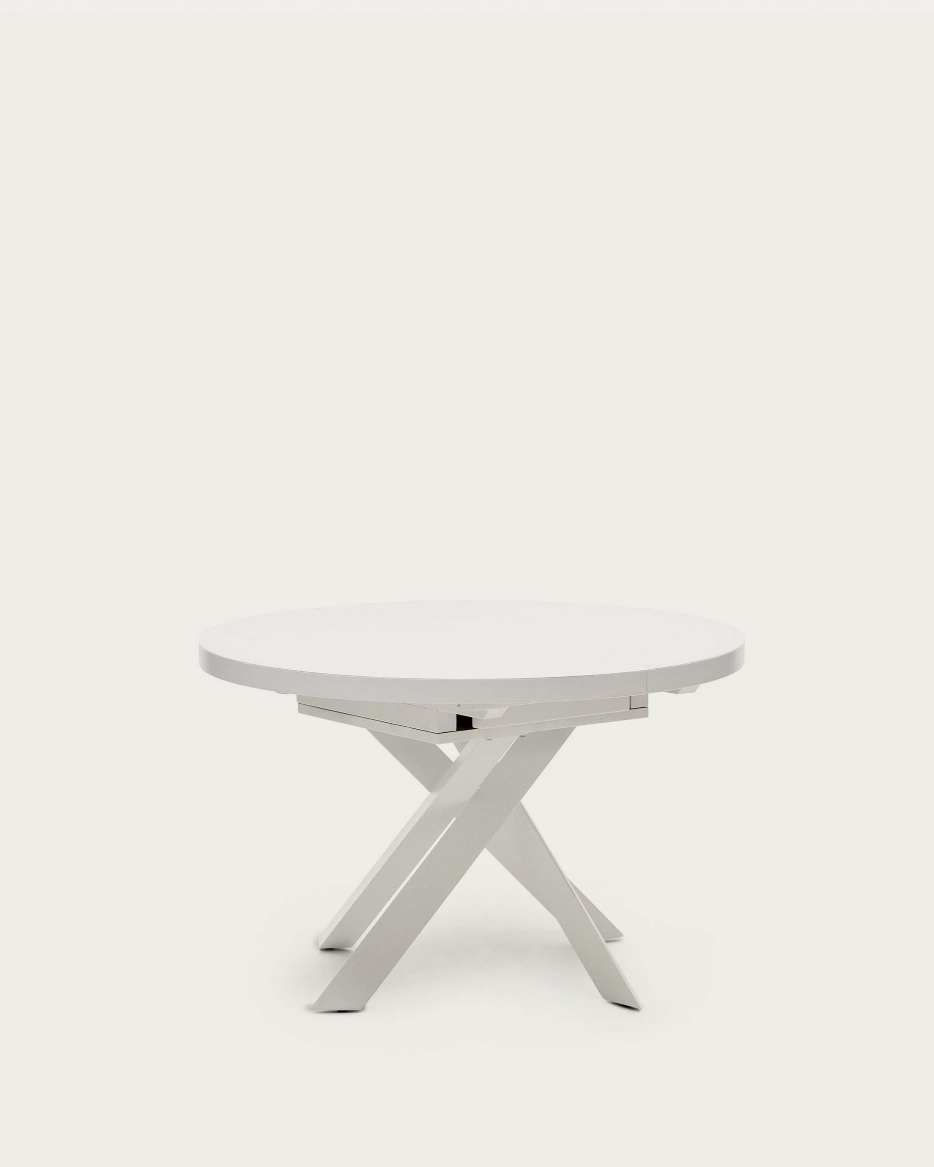 Runder Vashti Ausziehtisch: Glasplatte, weisse Stahlbeine, Ø120(160)cm, modern, funktional, stilvoll für Esszimmer.