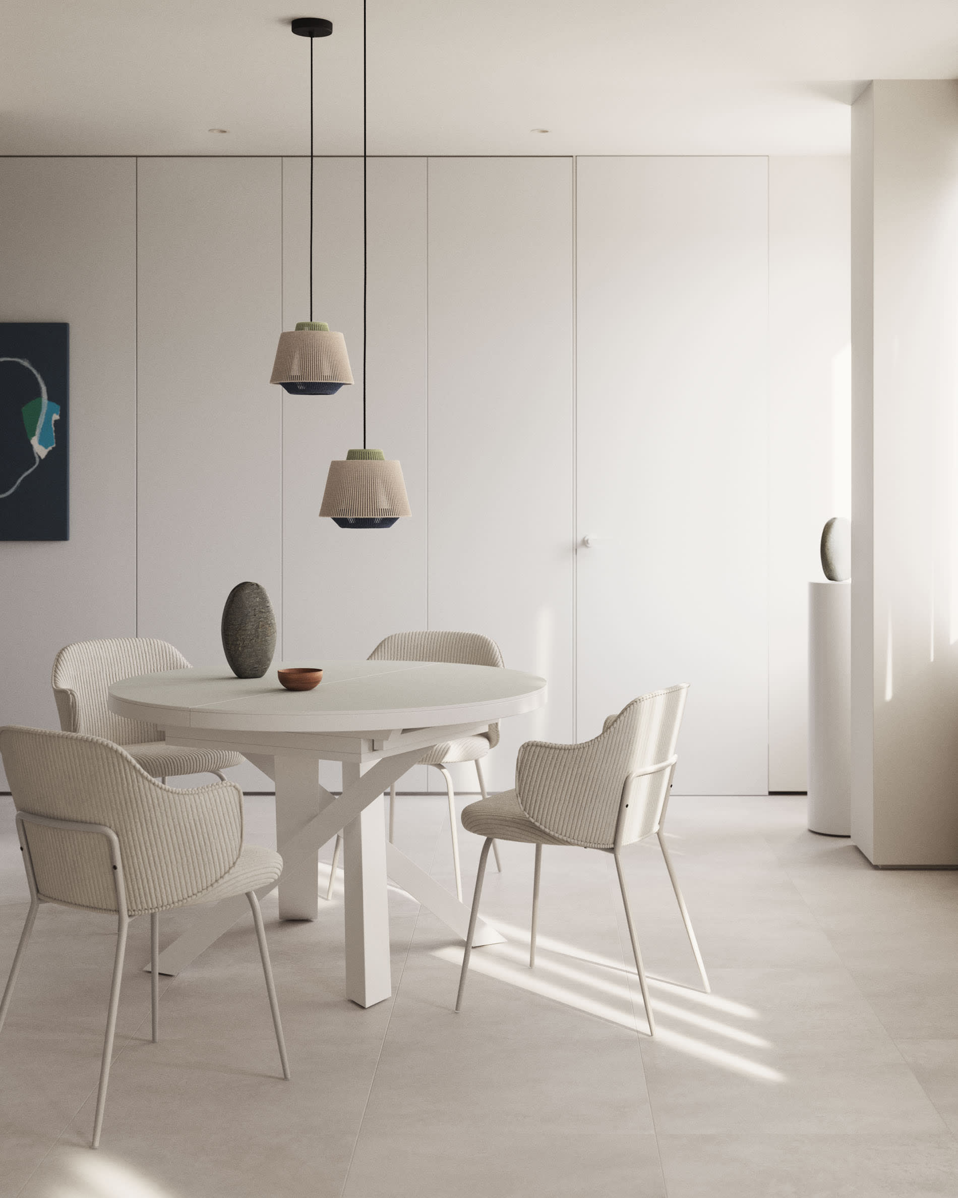 Moderner runder Ausziehtisch mit Glasplatte, MDF und weissen Stahlbeinen, Ø120(160)x120cm, ideal für stilvolle Esszimmer.
