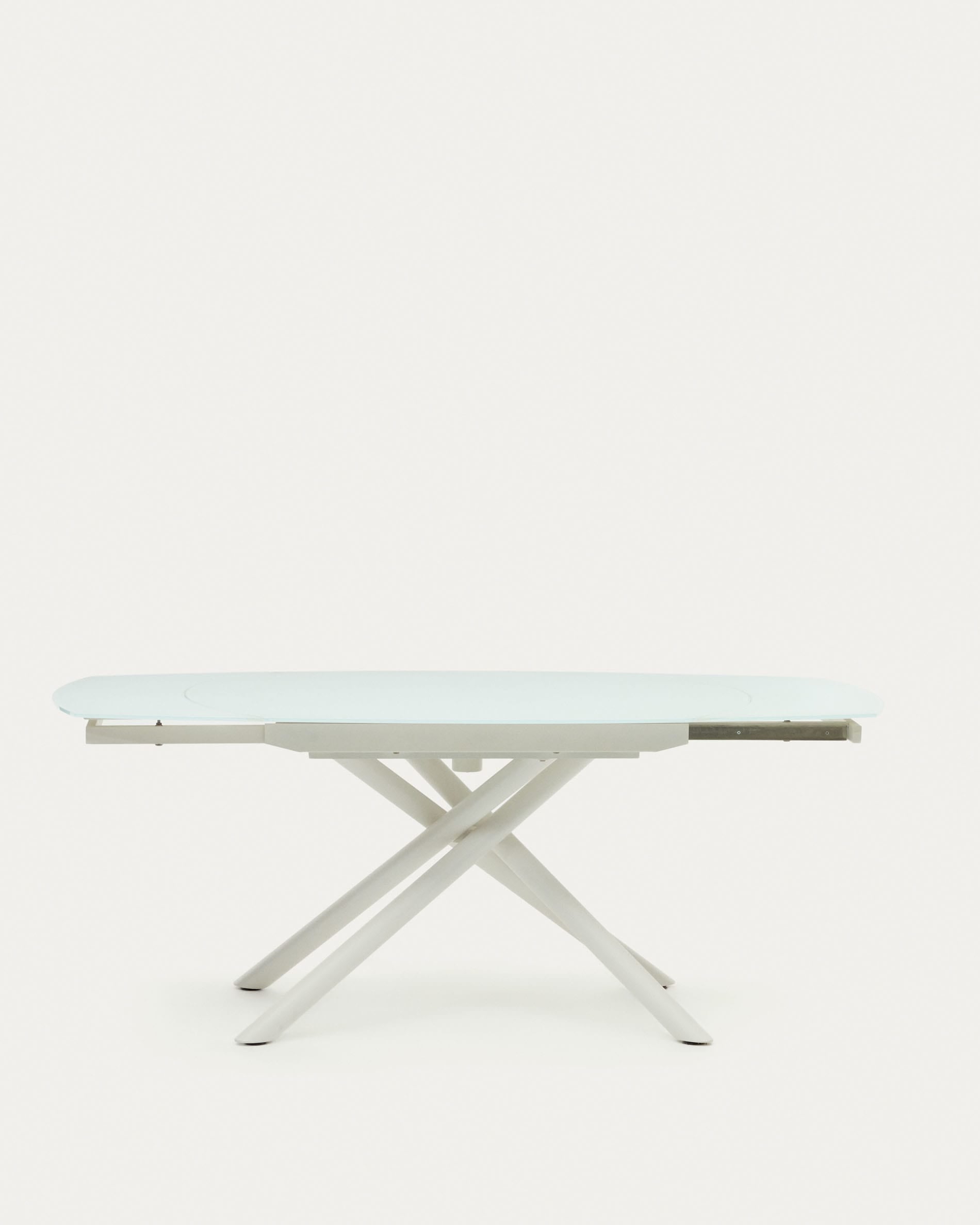 Eleganter Yodalia Ausziehtisch mit robustem Glas und weißen Stahlbeinen, 130-190x100 cm, perfekt für moderne Esszimmer.