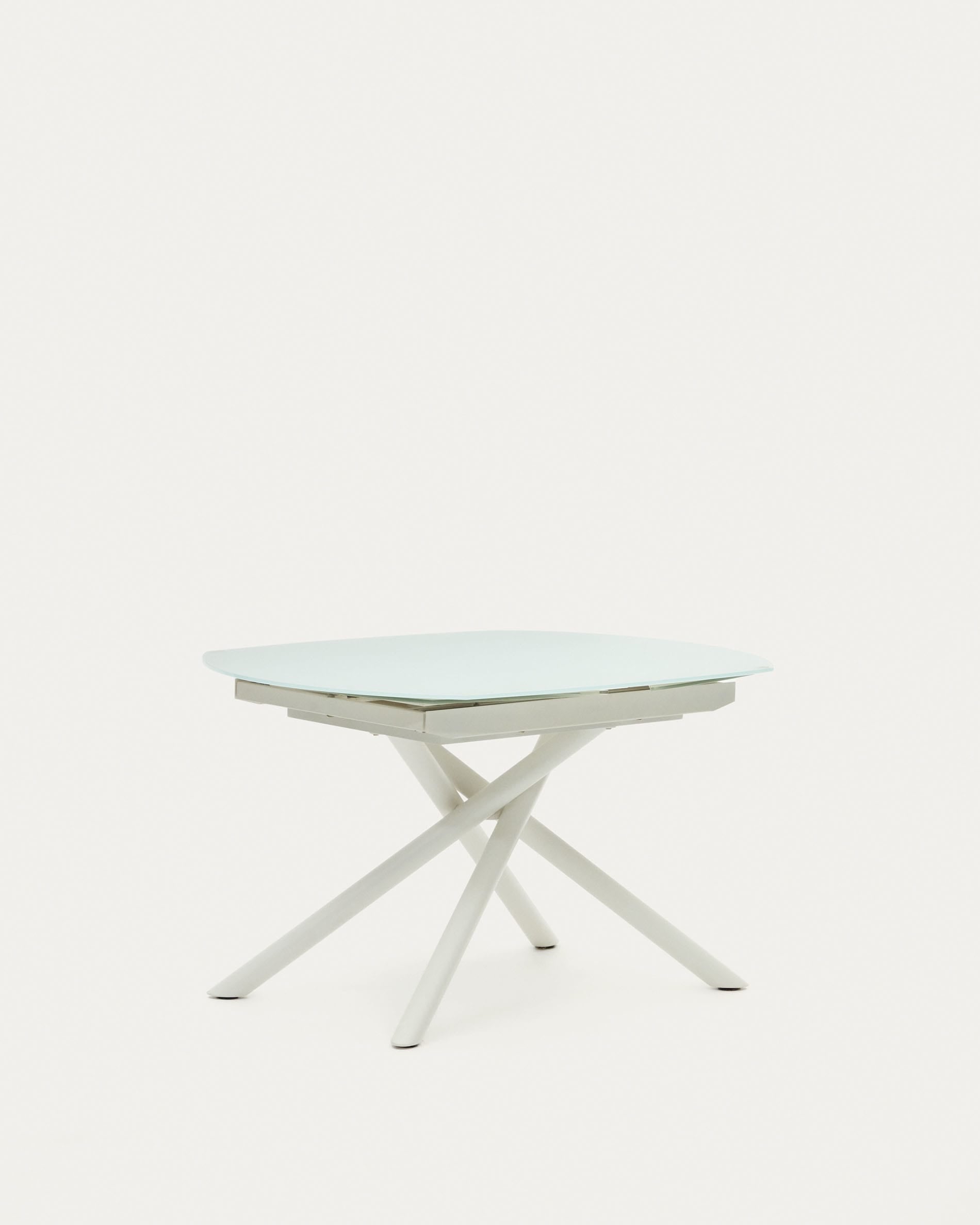 Moderner Yodalia Ausziehtisch mit gehärtetem Glas und weißen Stahlbeinen, 130-190x100 cm, ideal für stilvolle Esszimmer.