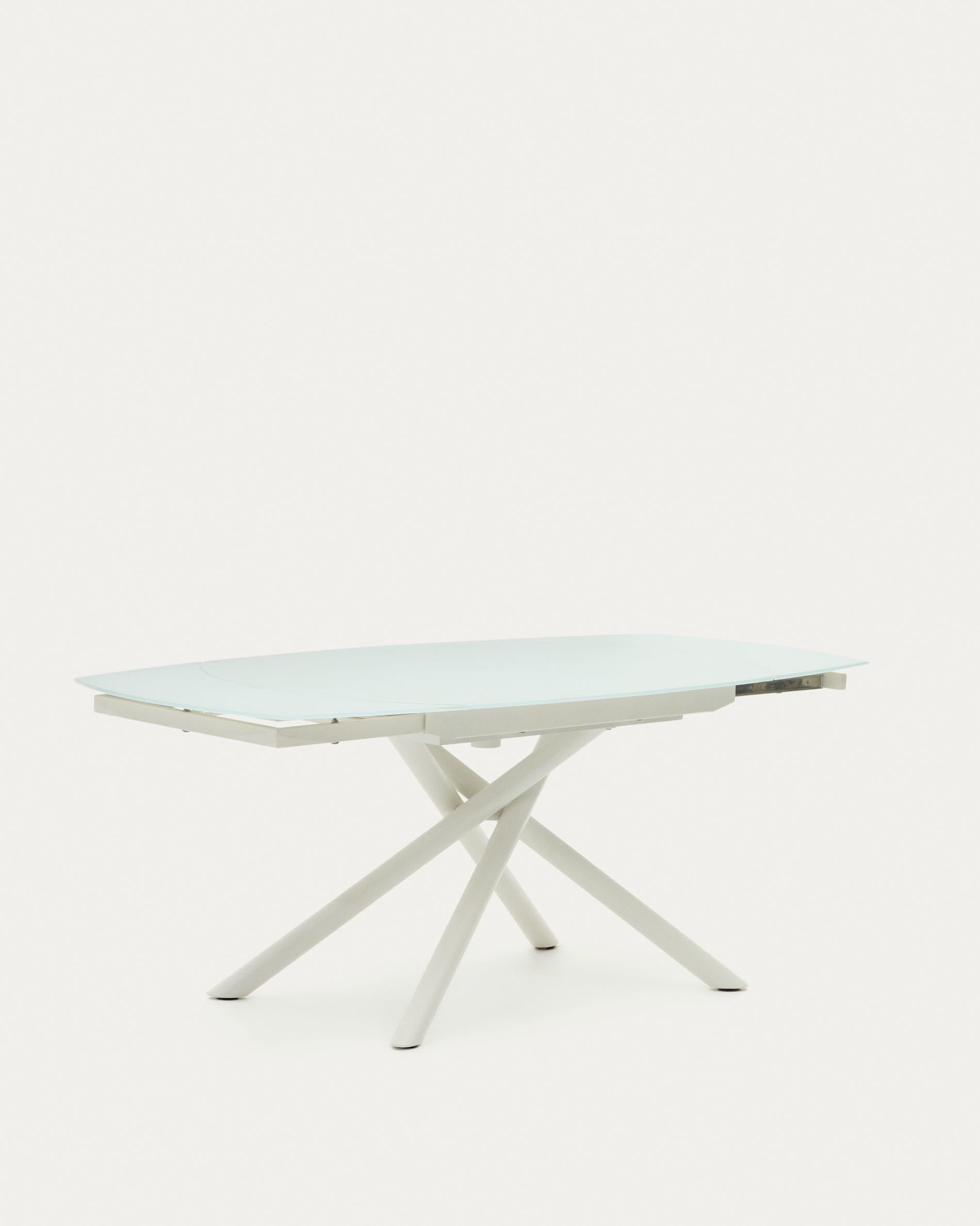 Moderner Yodalia Ausziehtisch mit gehärtetem Glas und weißen Stahlbeinen, 130-190x100 cm, ideal für stilvolle Esszimmer.