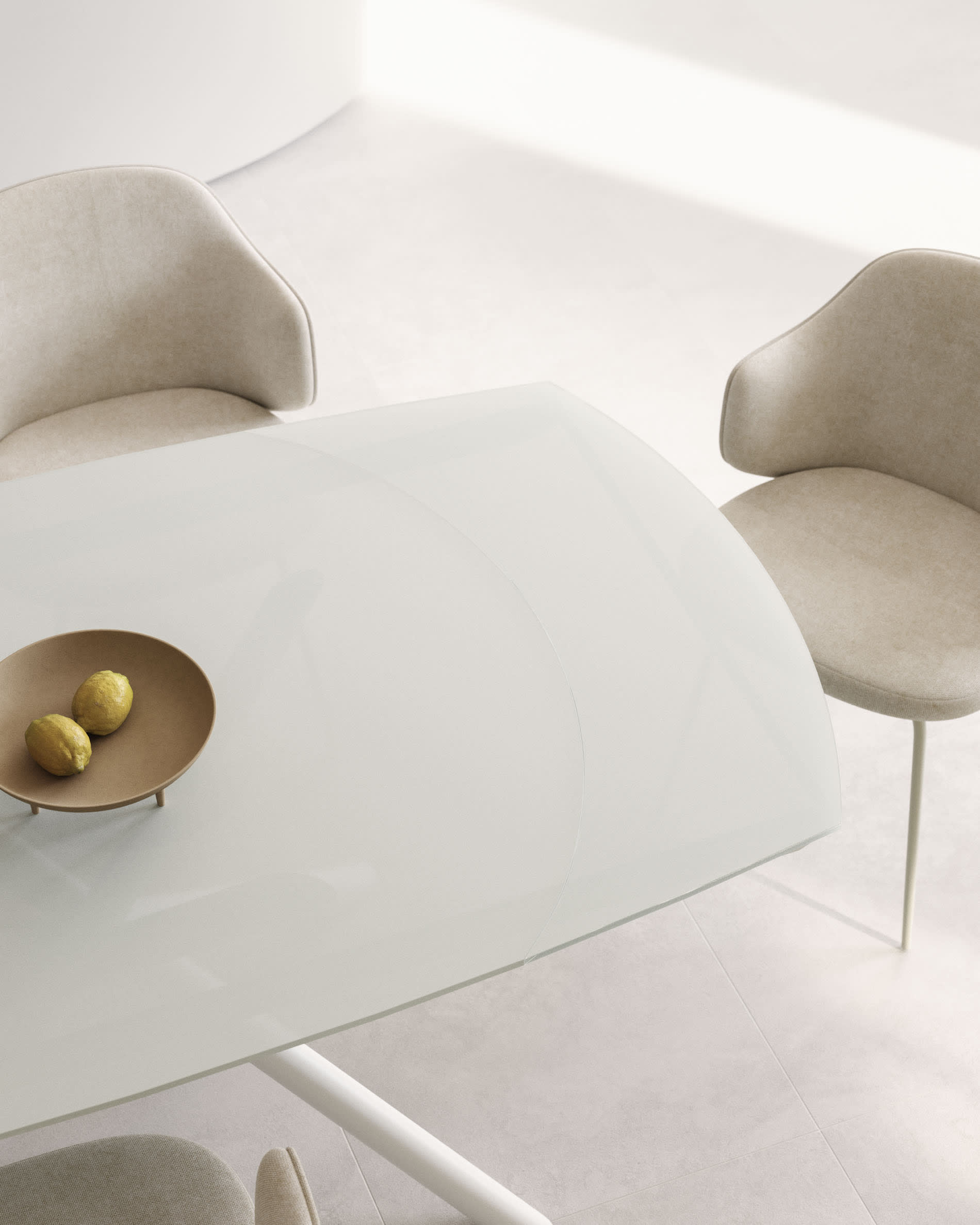 Eleganter Yodalia Ausziehtisch mit robustem Glas und weißen Stahlbeinen, 130-190x100 cm, perfekt für moderne Wohnräume.