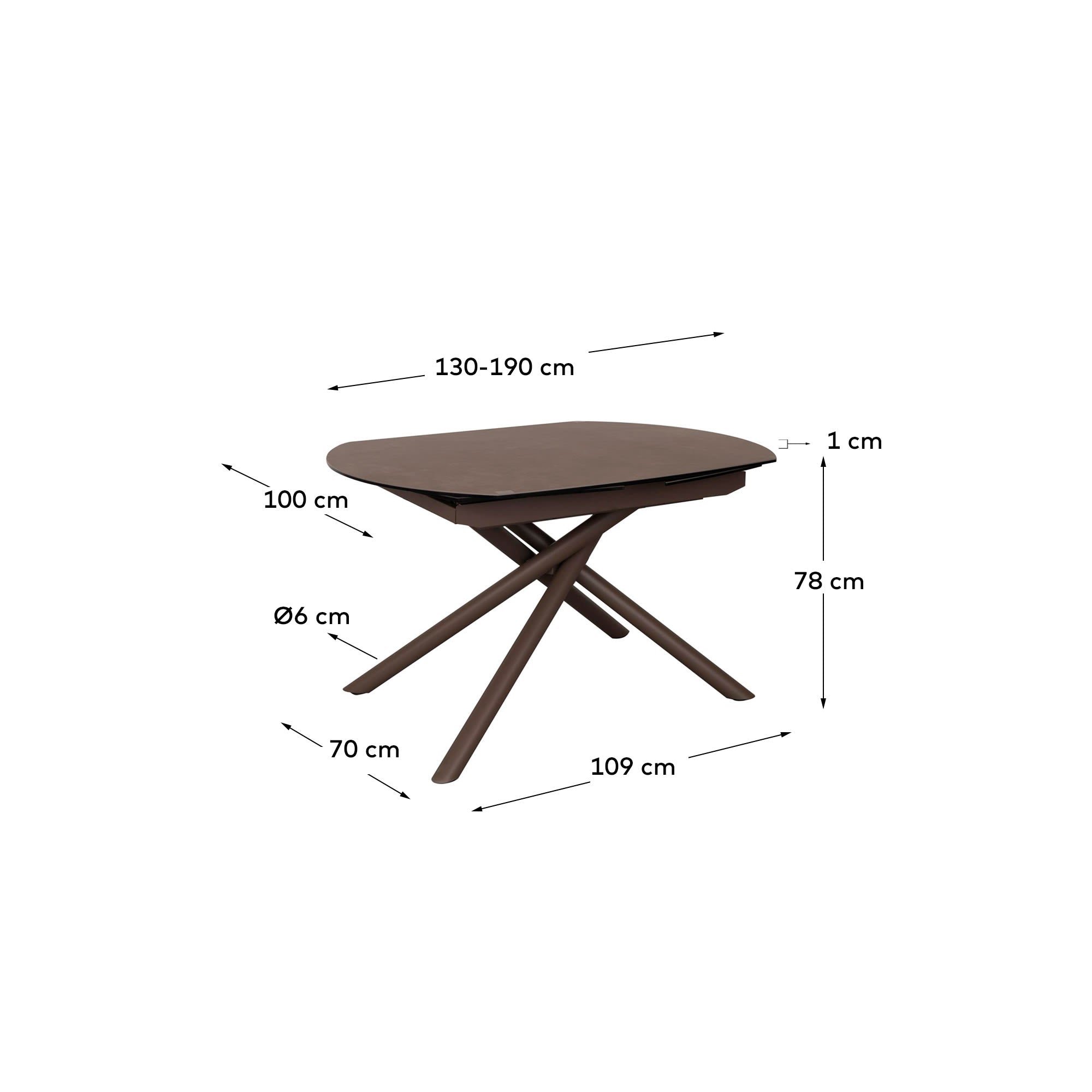 Eleganter Yodalia Ausziehtisch mit brauner Feinsteinzeugplatte und stabilen Stahlbeinen, 130-190x100 cm, perfekt für modernes Wohnen.