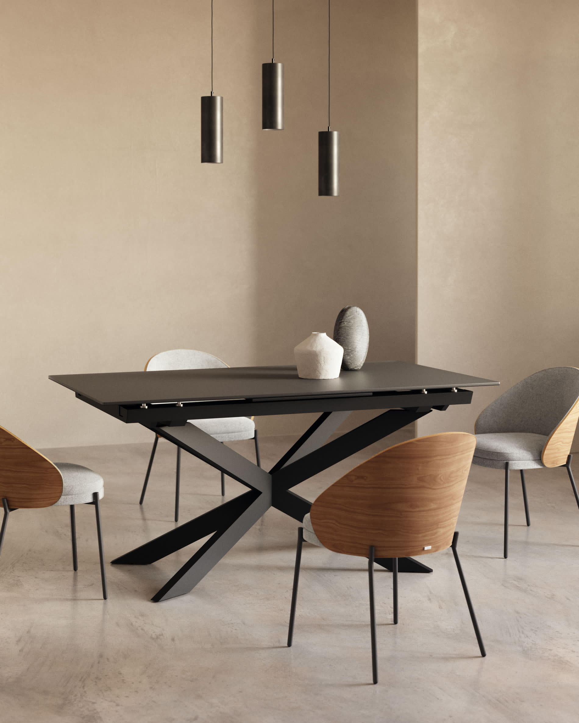 Atminda extendable table made of tempered glass, steel legs with <tc>wEIS</tc> finish, 160 (210) x 90 cm