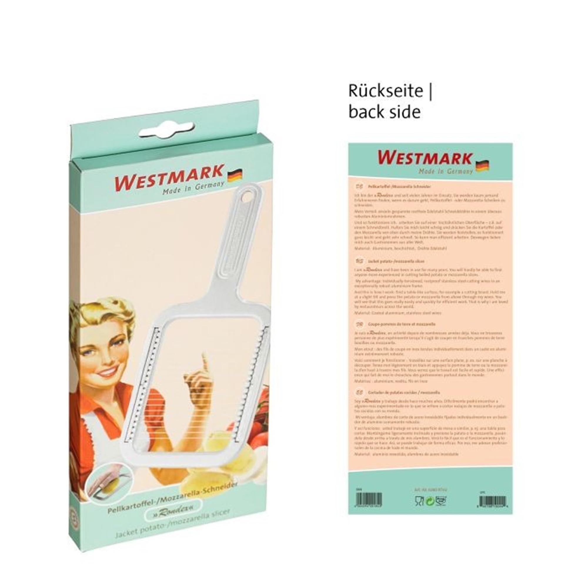 Retro Pellkartoffelschneider von Westmark, ideal für Mozzarella und Pellkartoffeln, Maße: 25.5x11.5x1 cm, robust und praktisch.