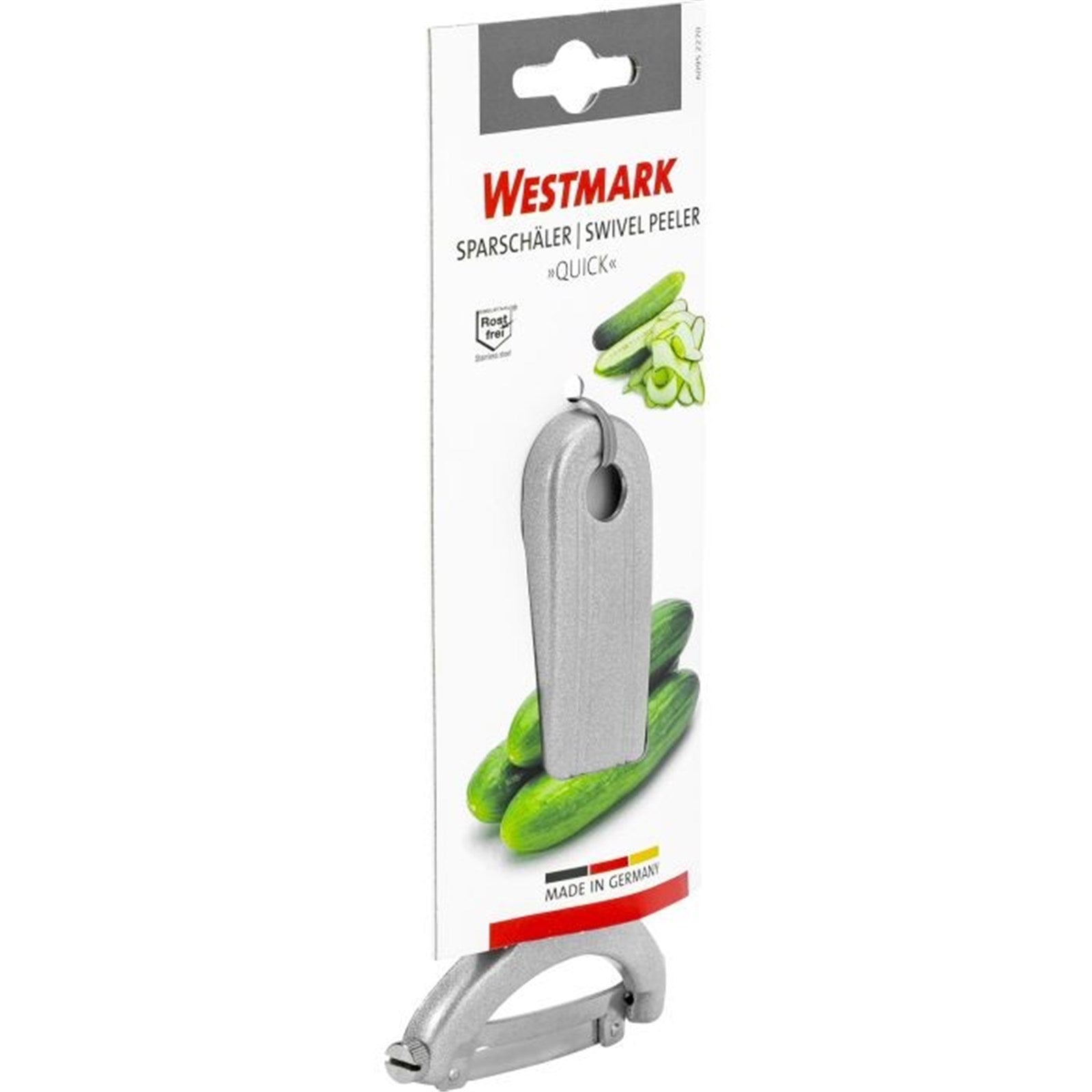 Effizienter Gemüse- und Spargelschäler von Westmark, mit wechselbarer Klinge, kompakt (12x7.5 cm), ideal für präzises Schälen.