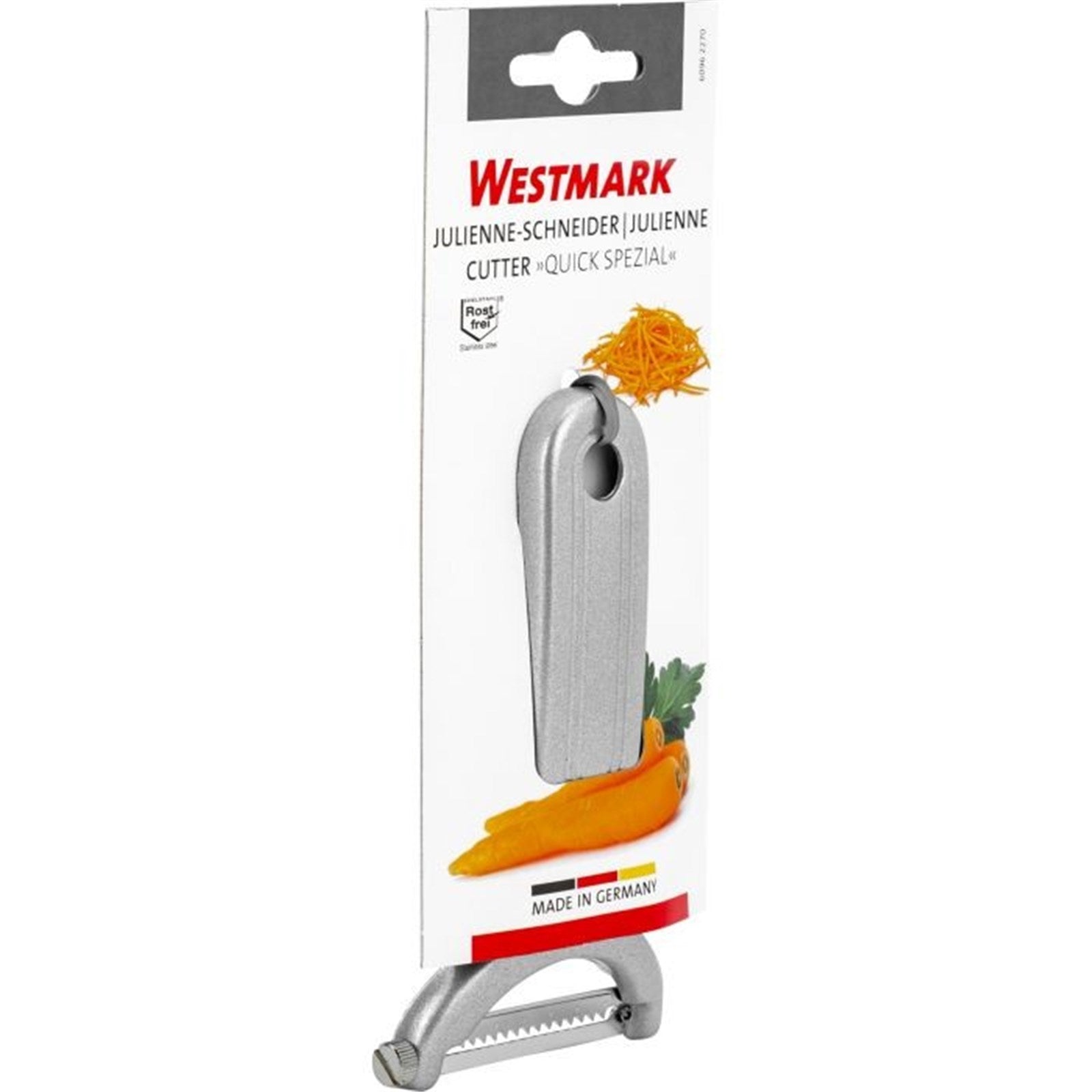 Kompakter Julienne-Schneider von Westmark, perfekt für feine Streifen, handlich und praktisch, Maße: 12x7.5x1cm.