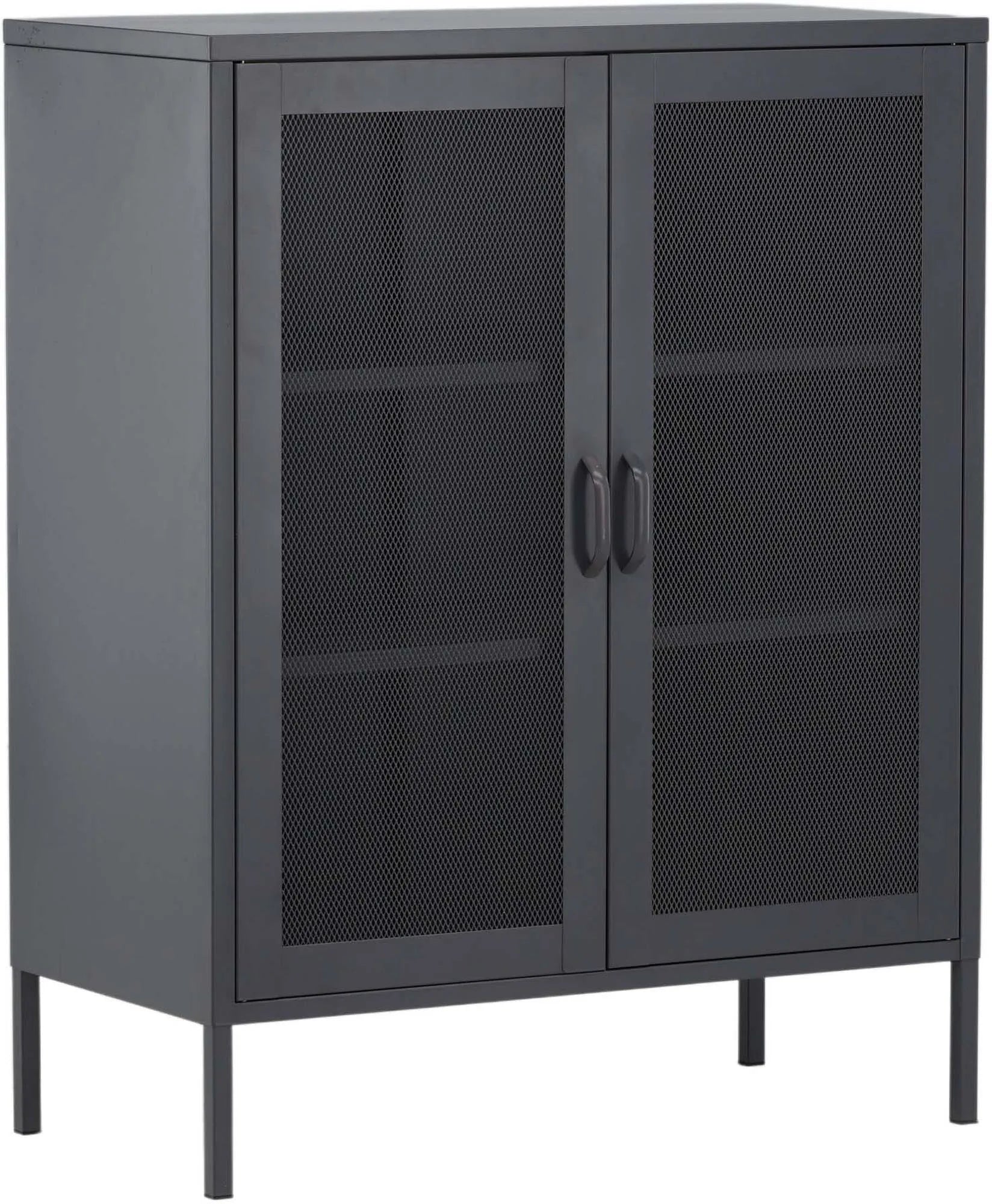 Eleganter Mischa Kabinett: Schwarzer Stahl, Glastür, ideal für kleine Räume. Funktionalität trifft auf Industriedesign.
