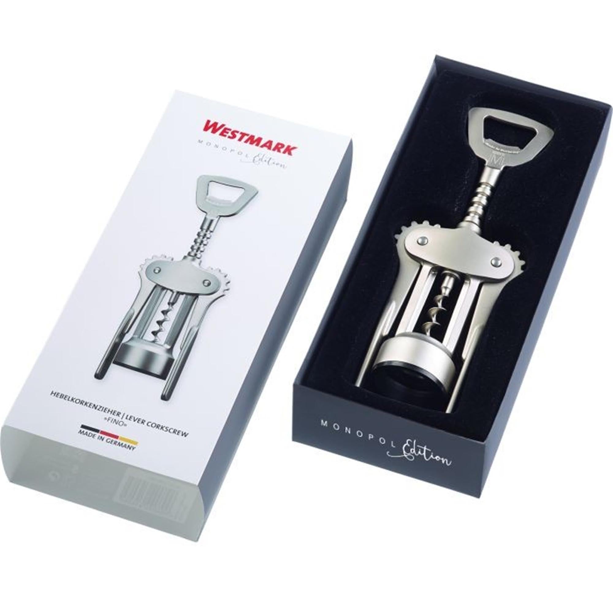 Eleganter Hebelkorkenzieher Fino von Westmark, edelmattiert, 20x7.5x4cm, ideal für müheloses Entkorken von Weinflaschen.