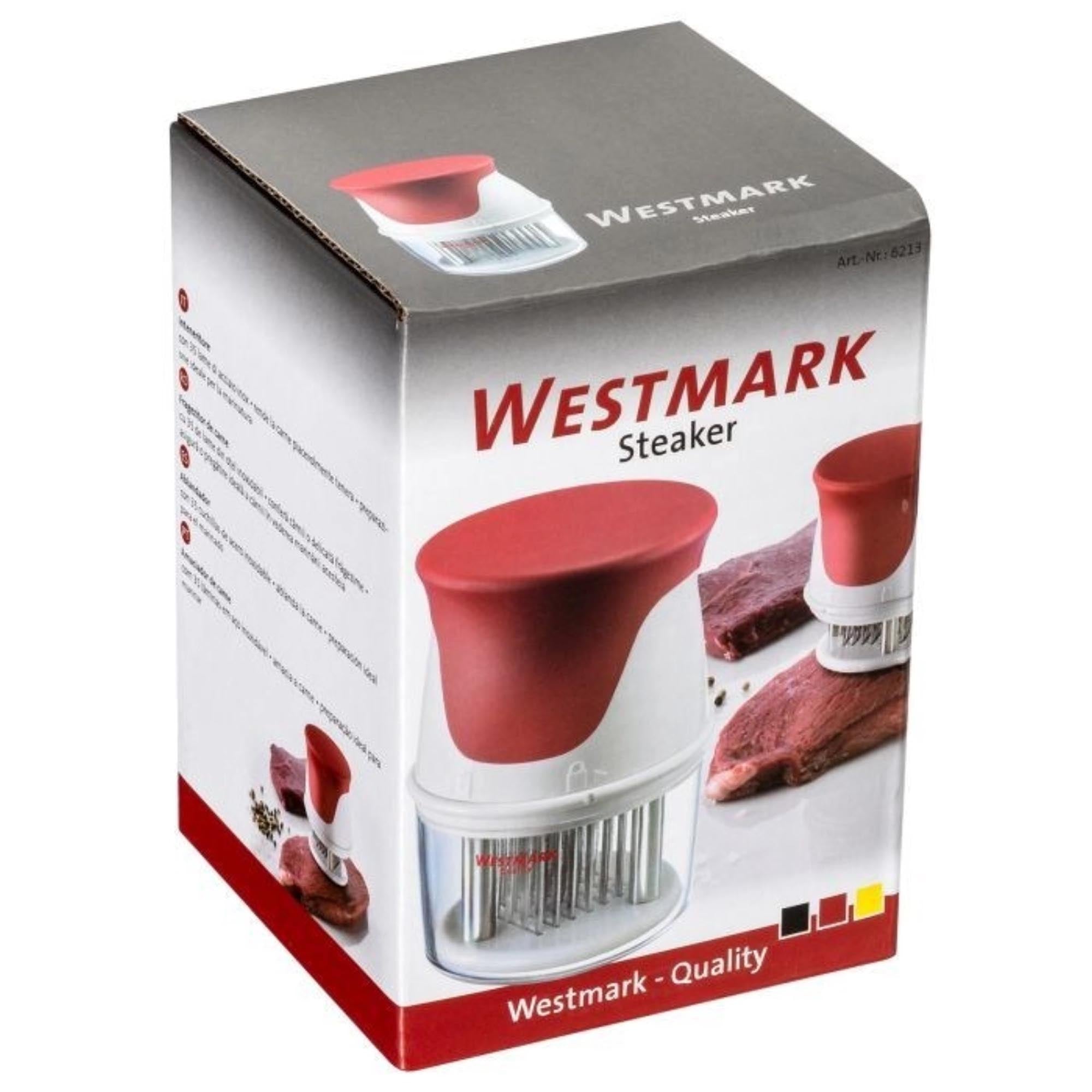 Fleischsteaker mit 35 Edelstahlklingen, kompakt und robust, für zartes Fleisch, Maße: 7,3x7,3x10,7 cm, einfach zu handhaben.