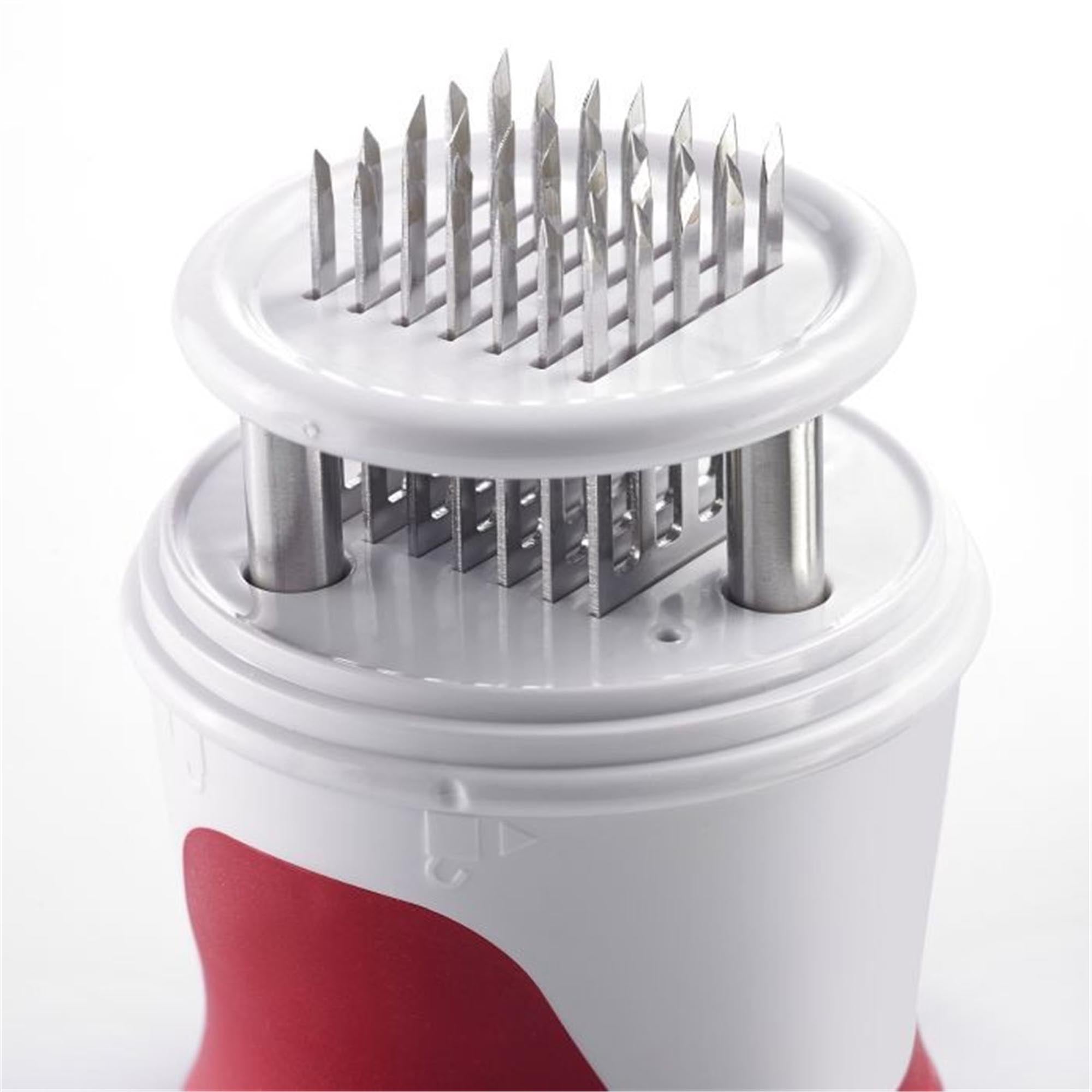 Praktischer Fleischsteaker mit 35 Edelstahlklingen, kompakt und robust, ideal für zartes Fleisch, Maße: 7,3x7,3x10,7 cm.
