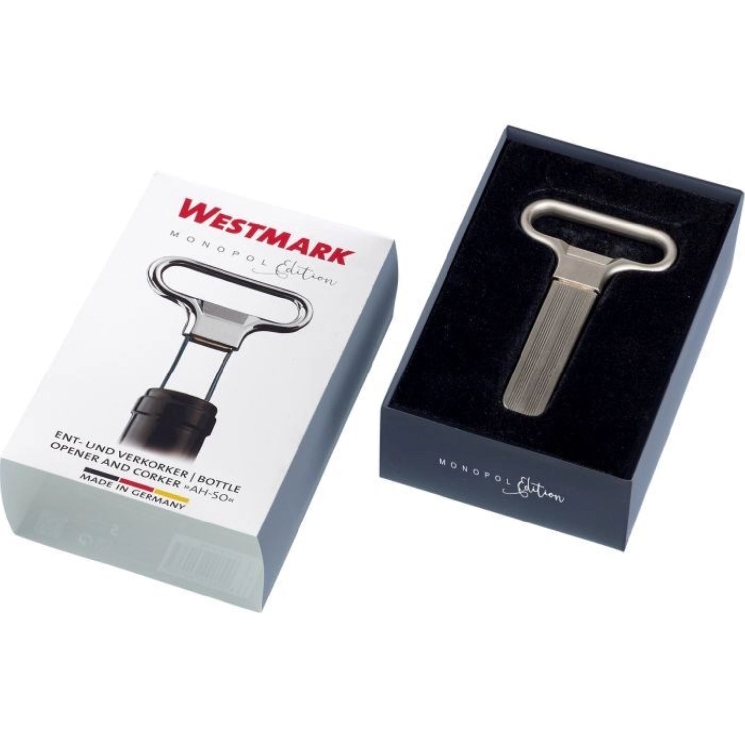 Eleganter Ah-So Ent- und Verkorker von Westmark, edelmattiert, 11x6.5x1cm, perfekt für das stilvolle Öffnen und Verschließen von Weinflaschen.