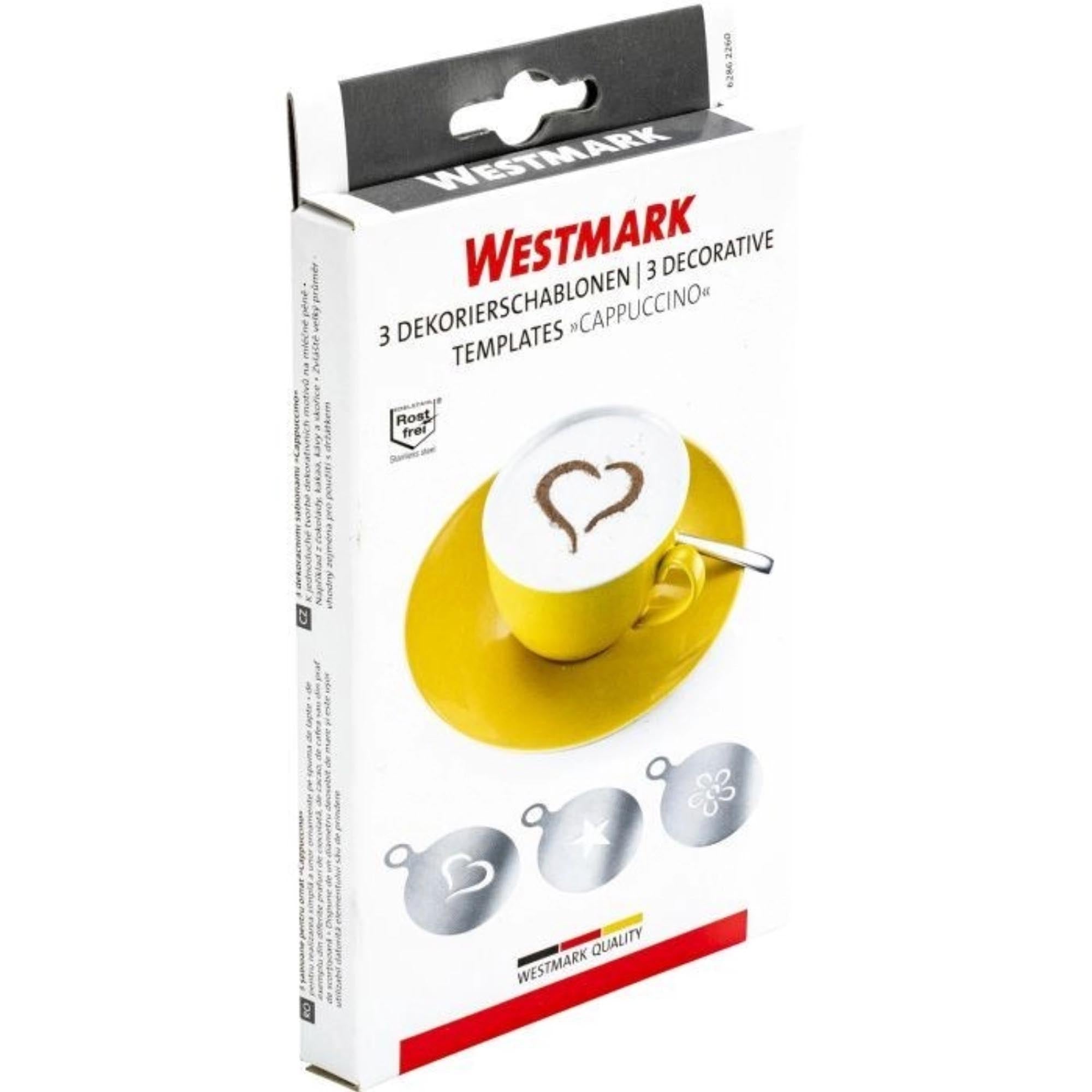 Set mit 3 Dekorierschablonen von Westmark, perfekt für Cappuccino, Desserts und mehr, Durchmesser 10 cm, Höhe 5 mm.