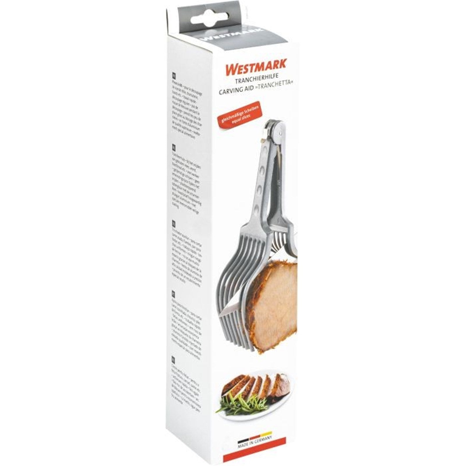 Die Tranchierhilfe Tranchetta von Westmark (25.5x7.5x6.5cm) sorgt für präzises Schneiden von Fleisch und Zutaten in der Küche.