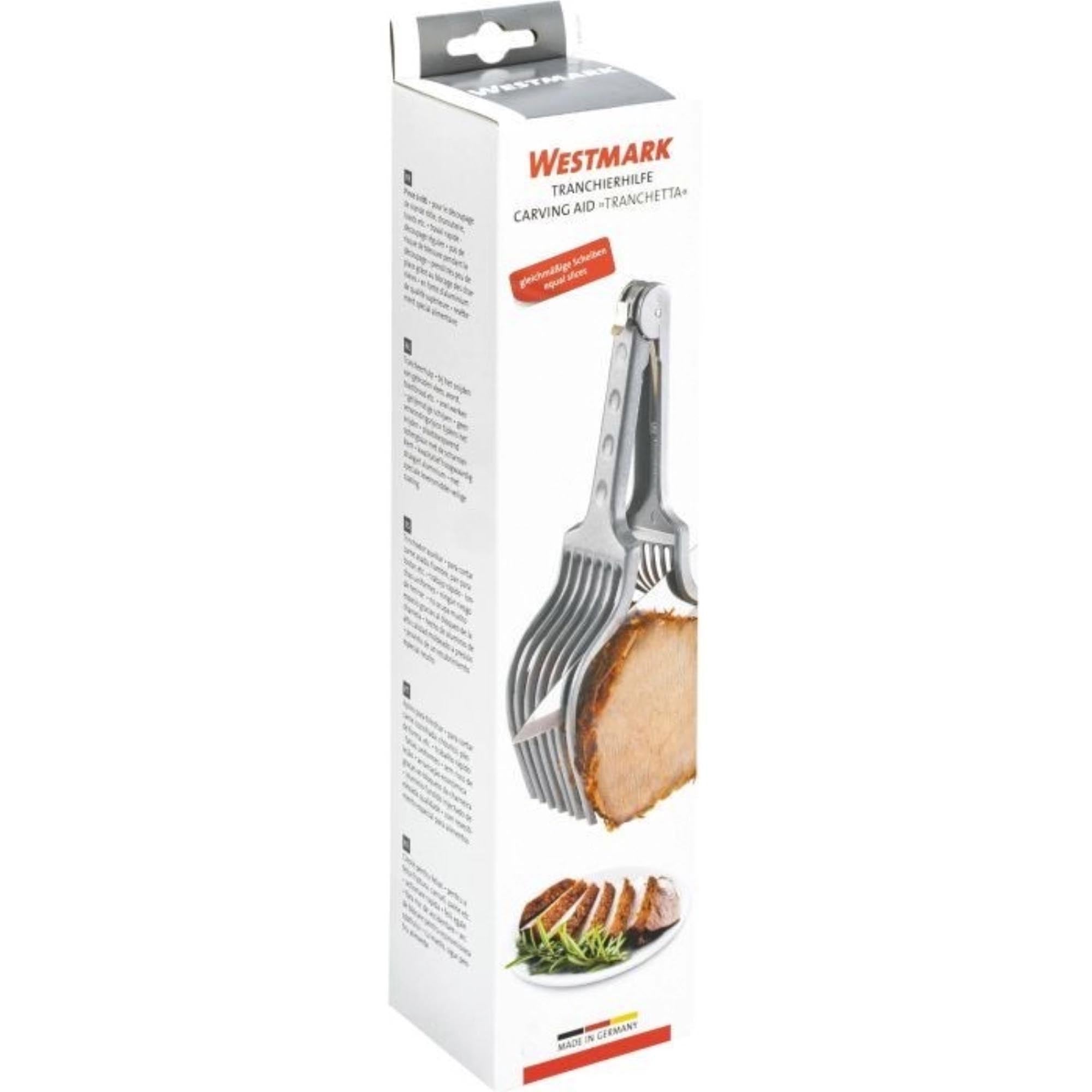 Die Tranchierhilfe Tranchetta von Westmark (25.5x7.5x6.5cm) sorgt für präzises Schneiden von Fleisch und anderen Lebensmitteln.